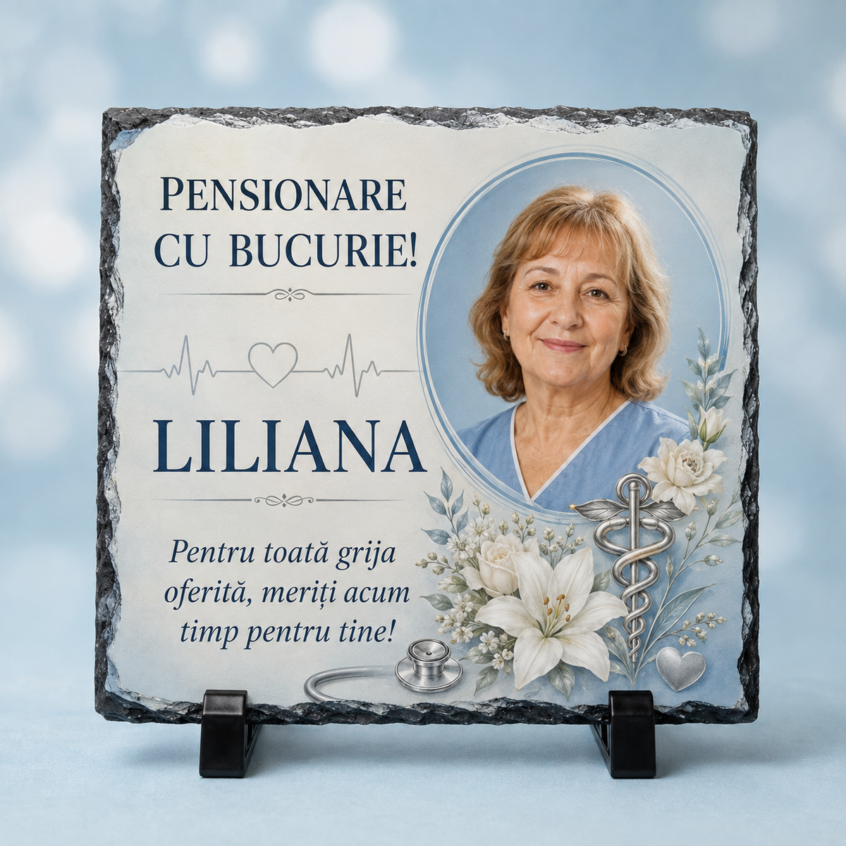 Placă ardezie personalizată 20×20 cm pentru asistentă medicală pensionară – Cadou cu fotografie