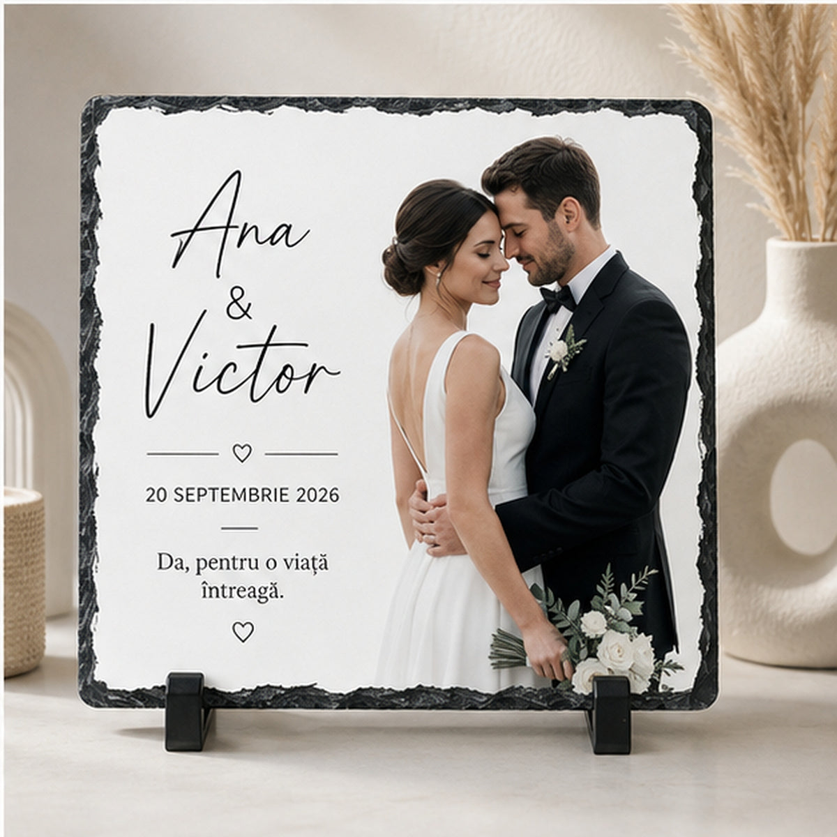 Placă de ardezie personalizată pentru nuntă – 20 × 20 cm, design minimalist alb-negru cu fotografie
