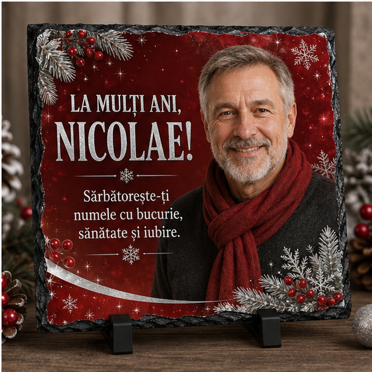 Piatră Ardezie Personalizată Nicolae 20x20 cm cu Poză – Cadou de Sfântul Nicolae