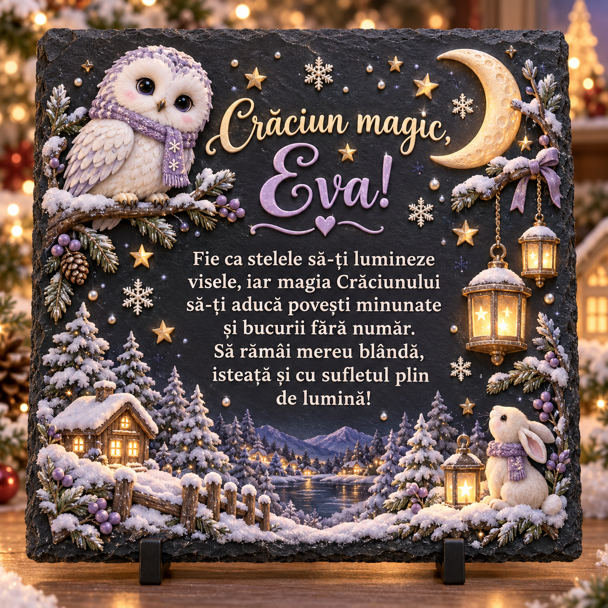 Placă de ardezie personalizată pentru fetițe 20 × 20 cm – „Crăciun magic” cu bufniță și iepuraș