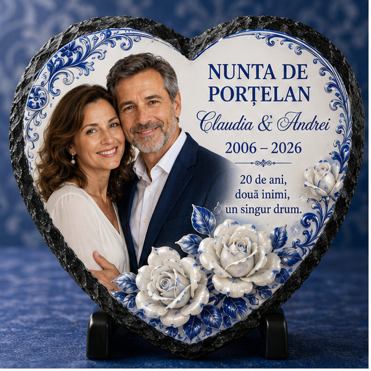 Placă de Ardezie Personalizată Inimă – Nunta de Porțelan, 20 de Ani de Căsătorie