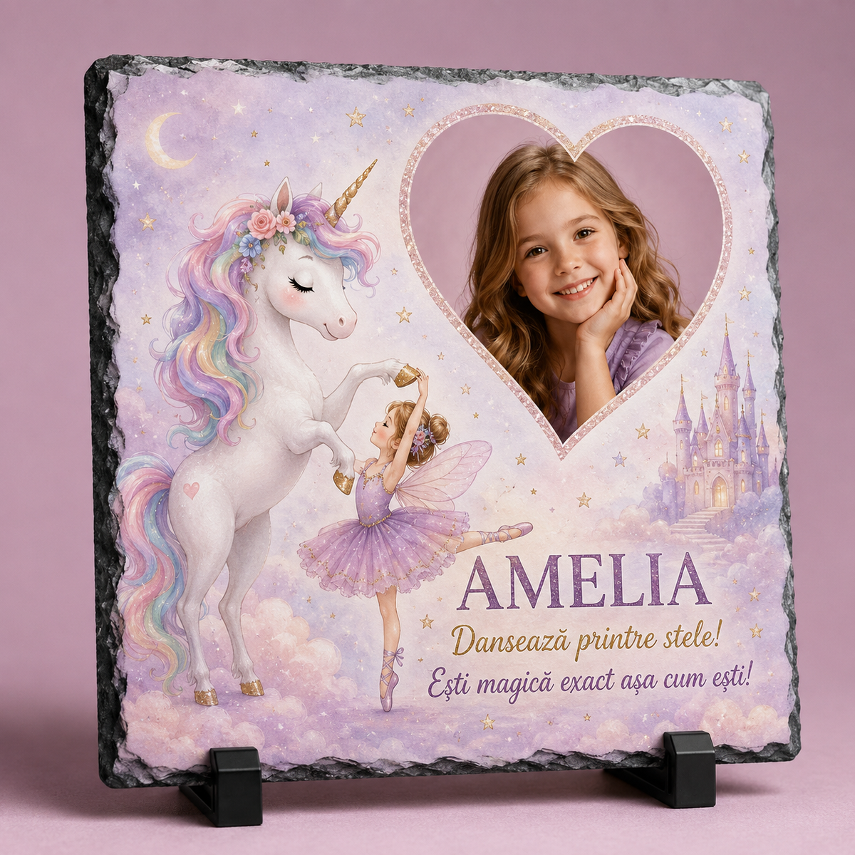 Placă din ardezie personalizată pentru fete 20×20 cm – Unicorn și Balerină, cu fotografie și nume