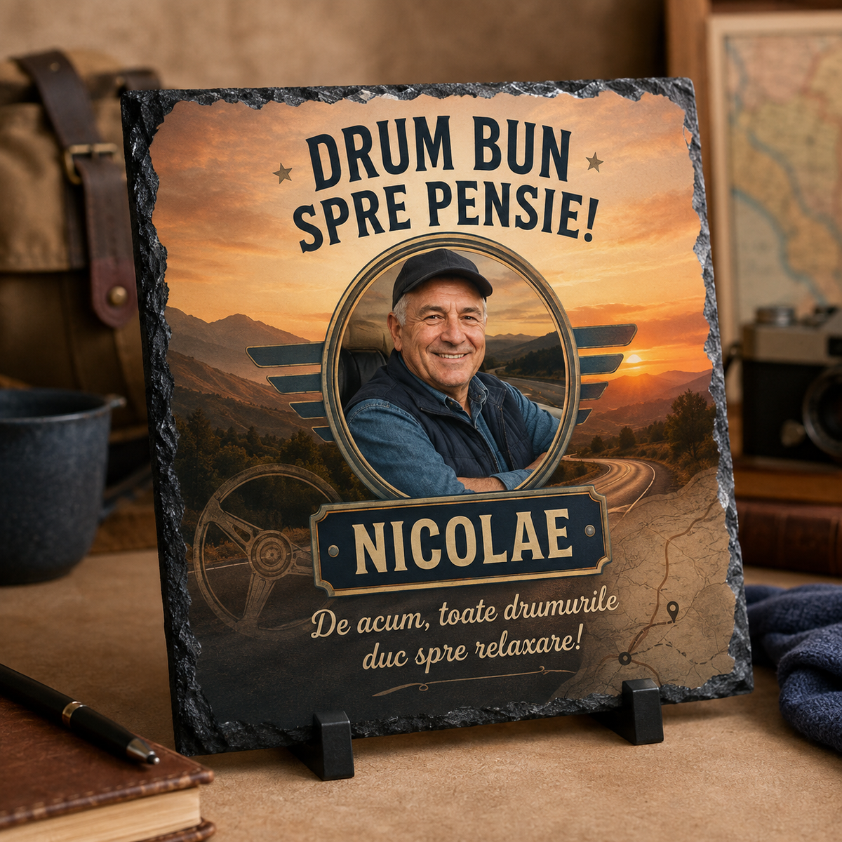 Placă ardezie personalizată 20×20 cm pentru șofer pensionar – Cadou cu fotografie și mesaj