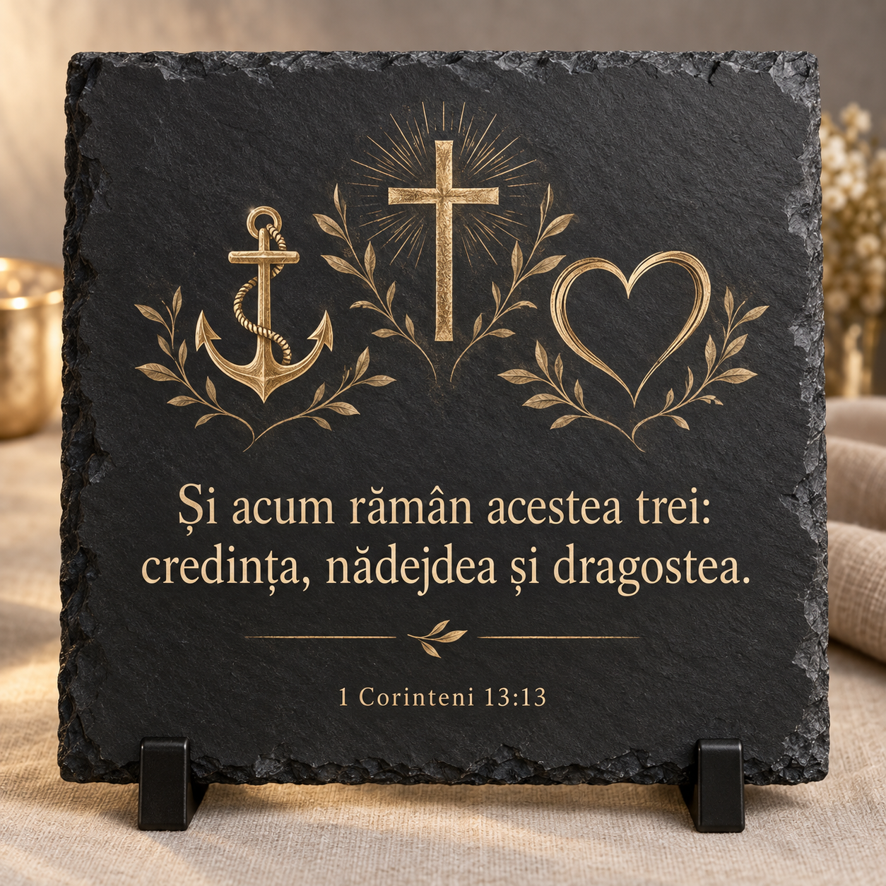 Placă Ardezie Personalizată 20x20 cm – Credință, Nădejde și Dragoste | Cadou Religios