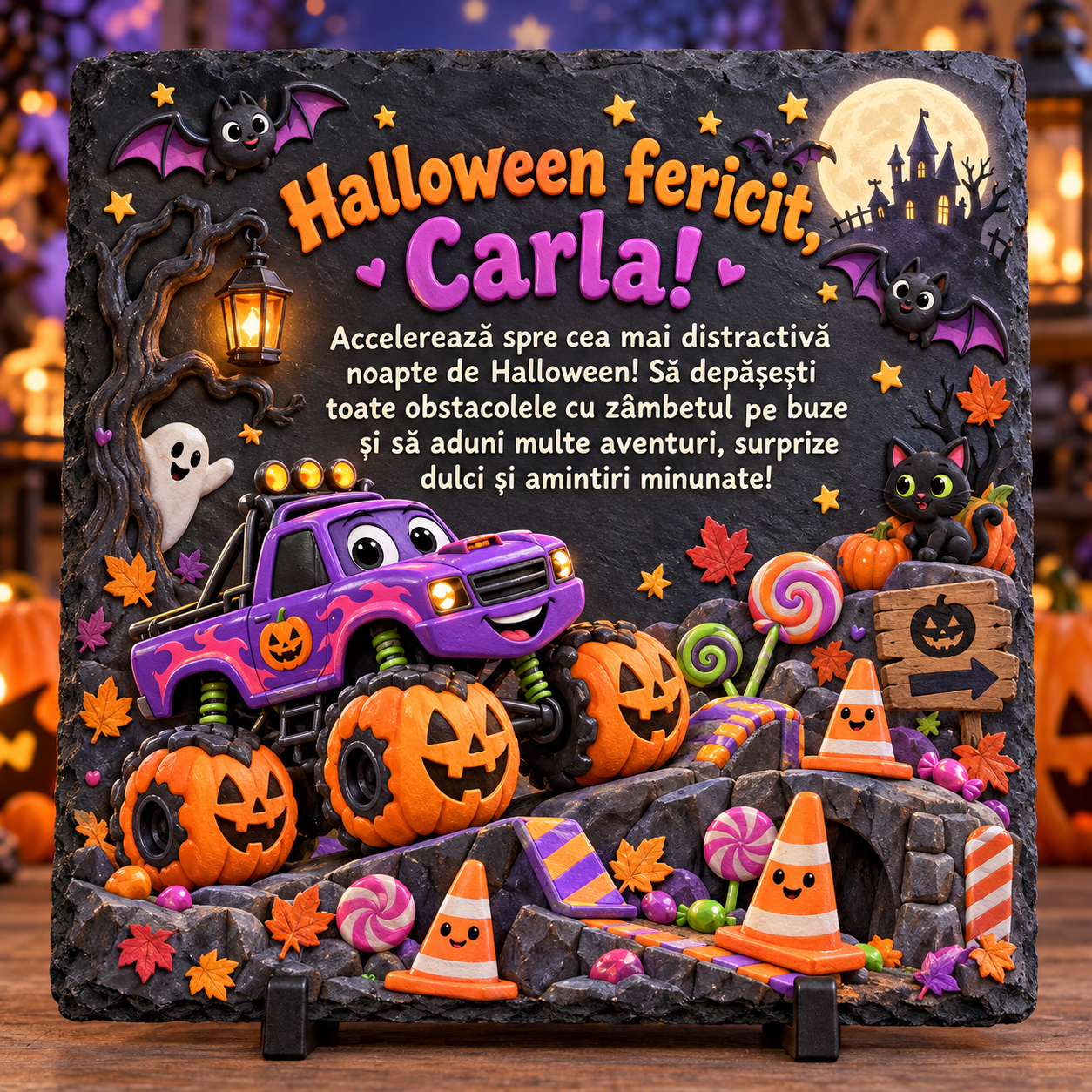 Placă ardezie personalizată Halloween pentru copii 20×20 cm – monster truck, dovleci, dulciuri și nume personalizat