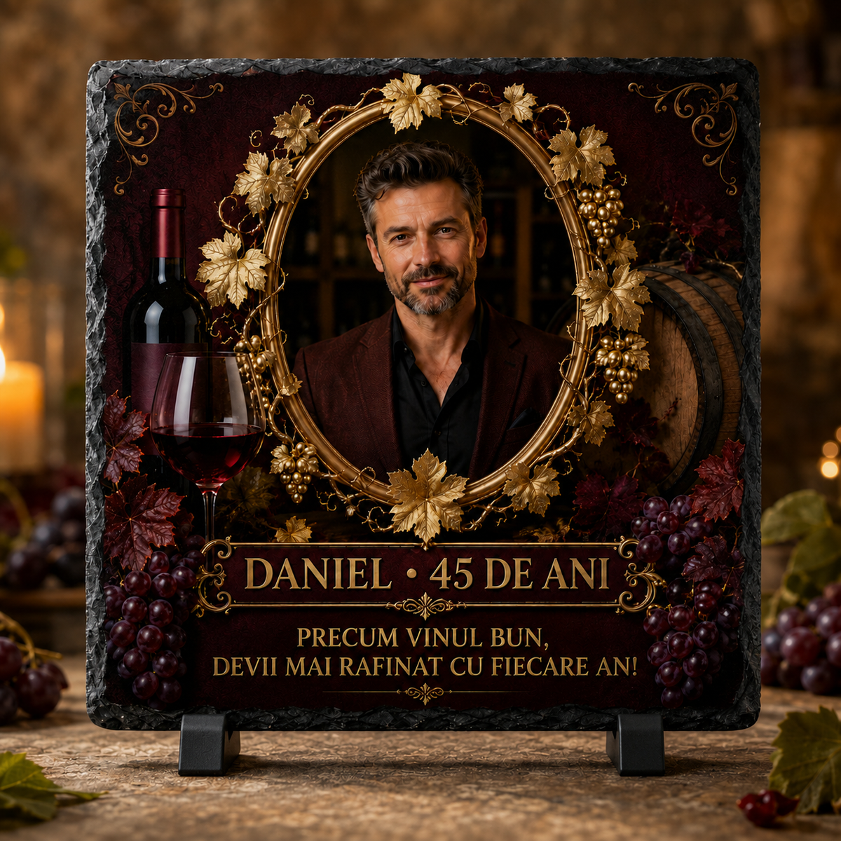 Placă de ardezie personalizată 20×20 cm cu poză – „Precum vinul bun” | Cadou aniversar pentru bărbați