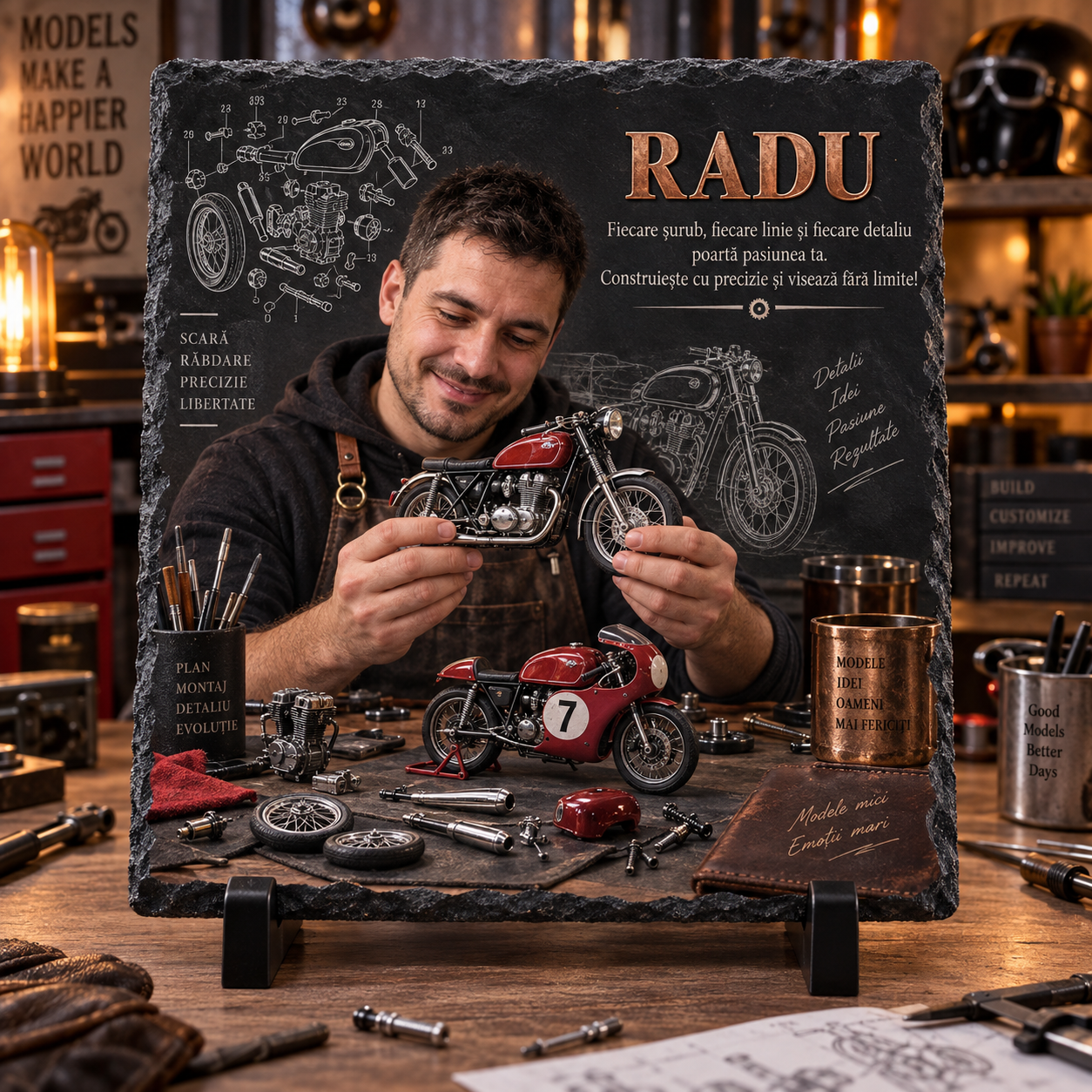 Placă ardezie personalizată 20×20 cm – Cadou pentru pasionații de modelism și motociclete