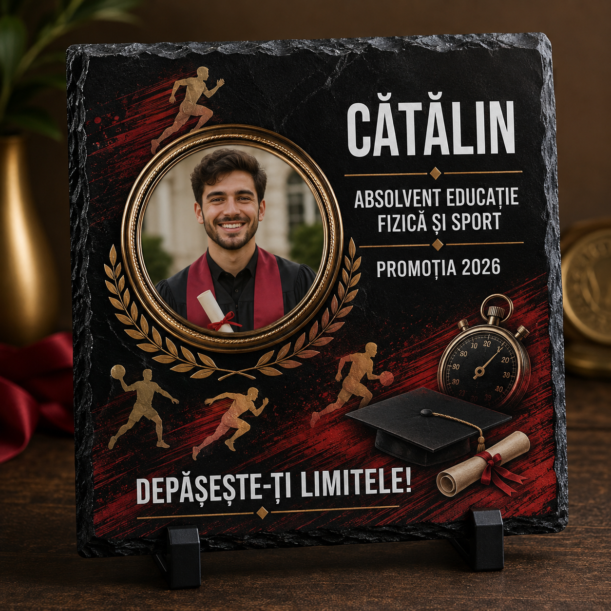 Placă de Ardezie Personalizată Absolvire Educație Fizică și Sport 20×20 cm cu Poză și Nume