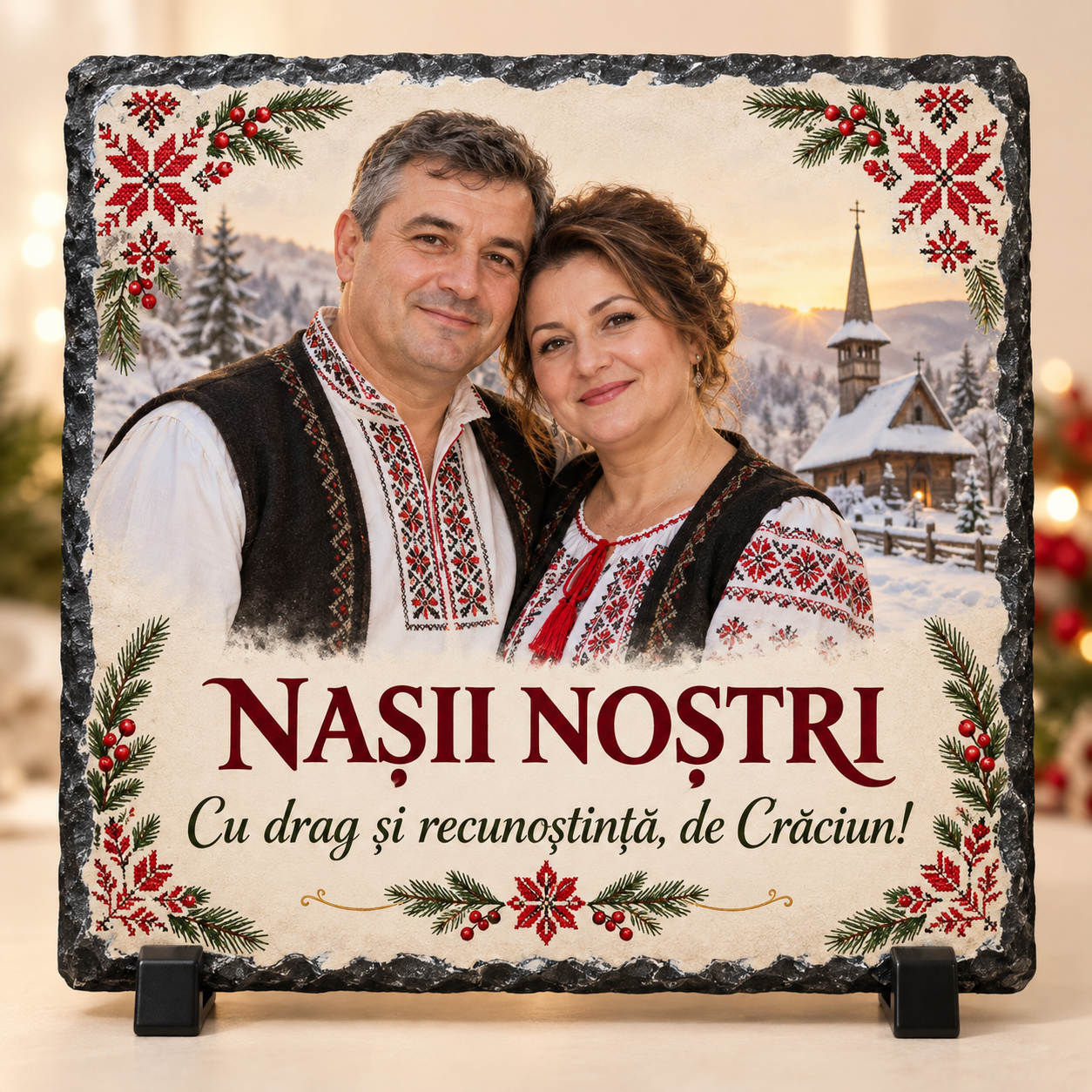 Placă Ardezie Personalizată 20×20 cm pentru Nași – Cadou de Crăciun cu Poză și Mesaj