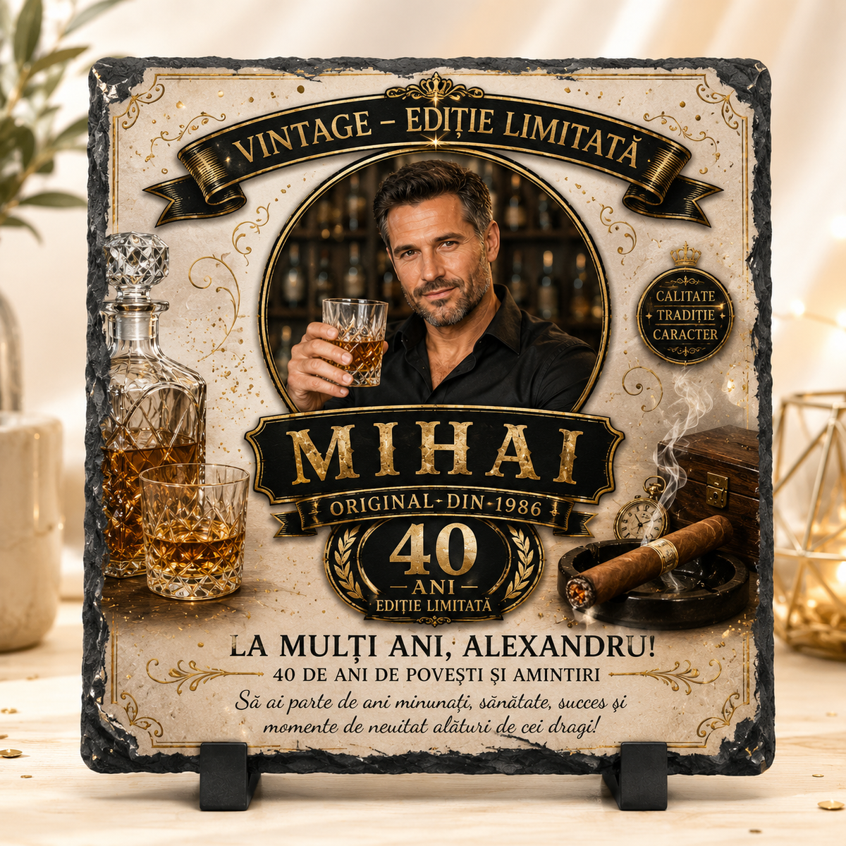 Placă din ardezie personalizată „Vintage – Ediție Limitată” – cadou aniversar premium pentru bărbat