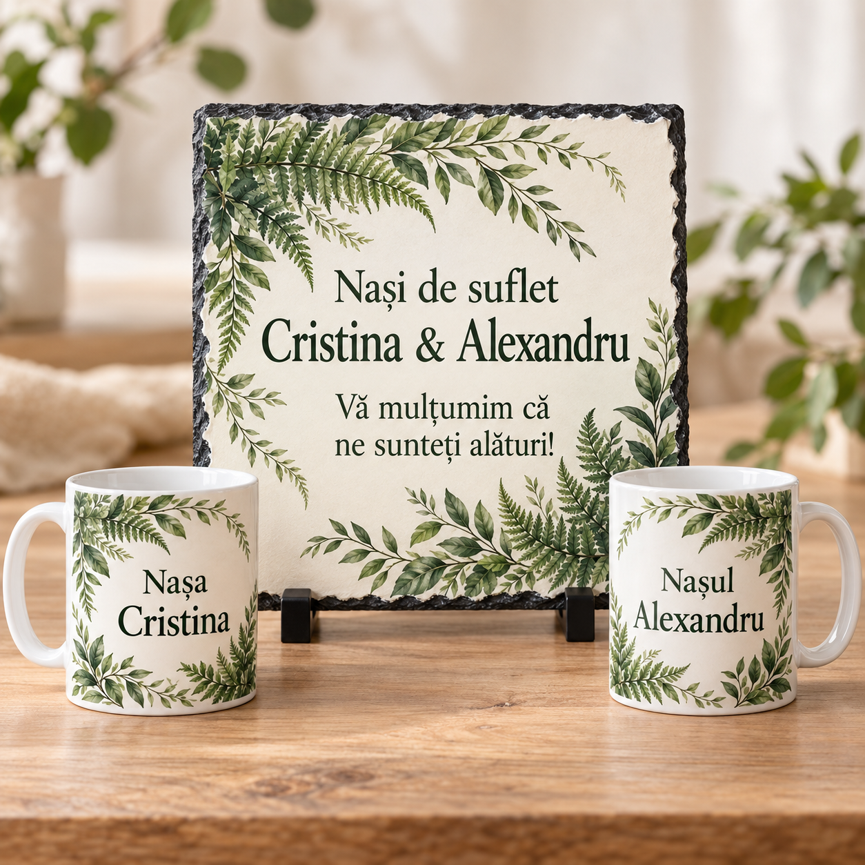 Set cadou personalizat pentru nași – Ardezie 20×20 cm și 2 căni, design botanic