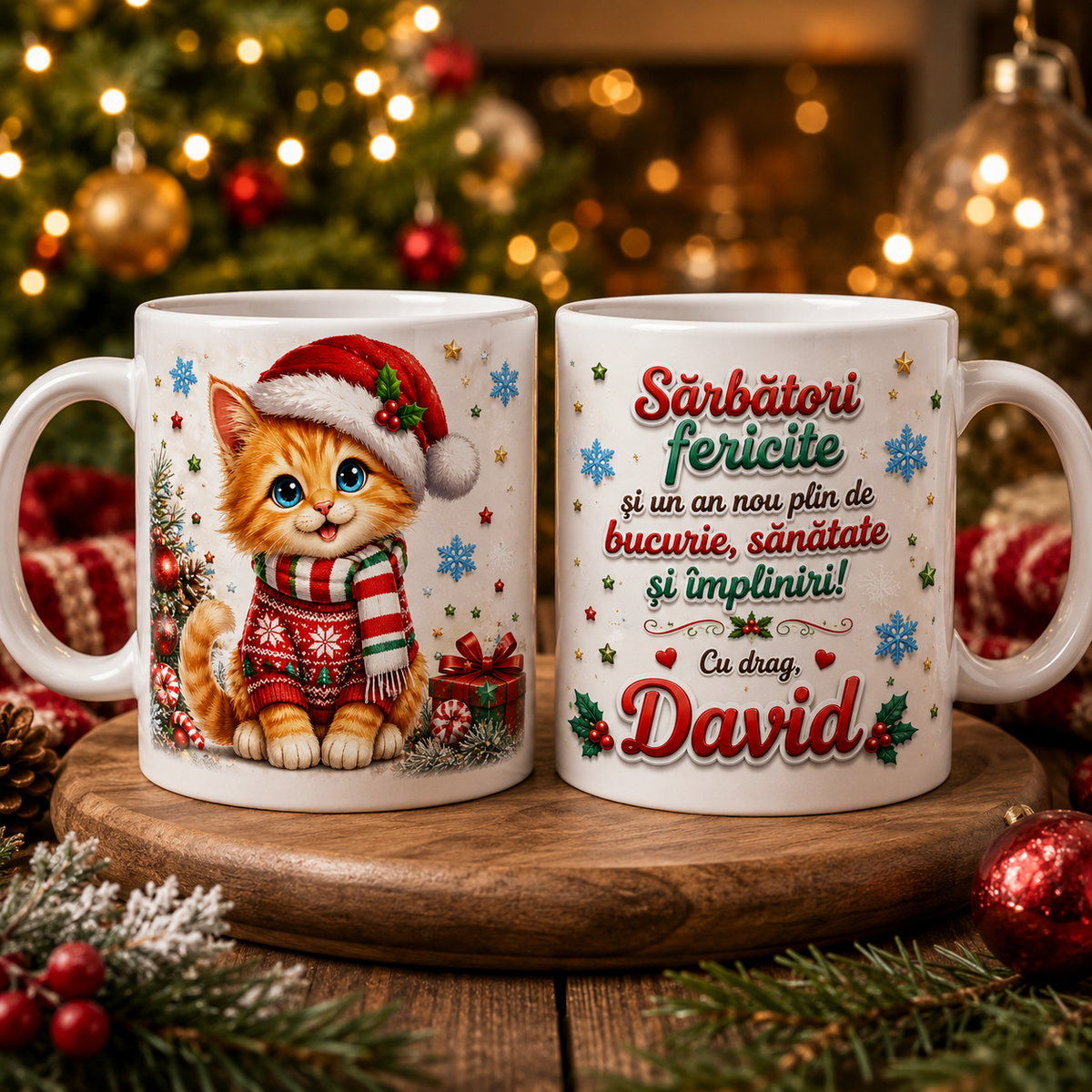 Cană personalizată de Crăciun cu nume – Pisicuță festivă