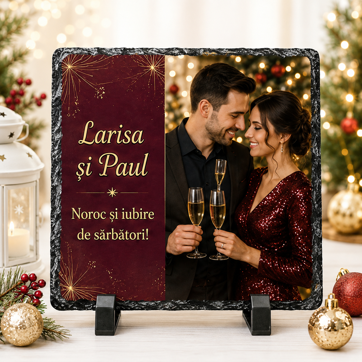 Piatră Ardezie Personalizată de Crăciun pentru Cuplu 20x20 cm cu Poză și Nume – Larisa și Paul – Design Burgundy & Gold