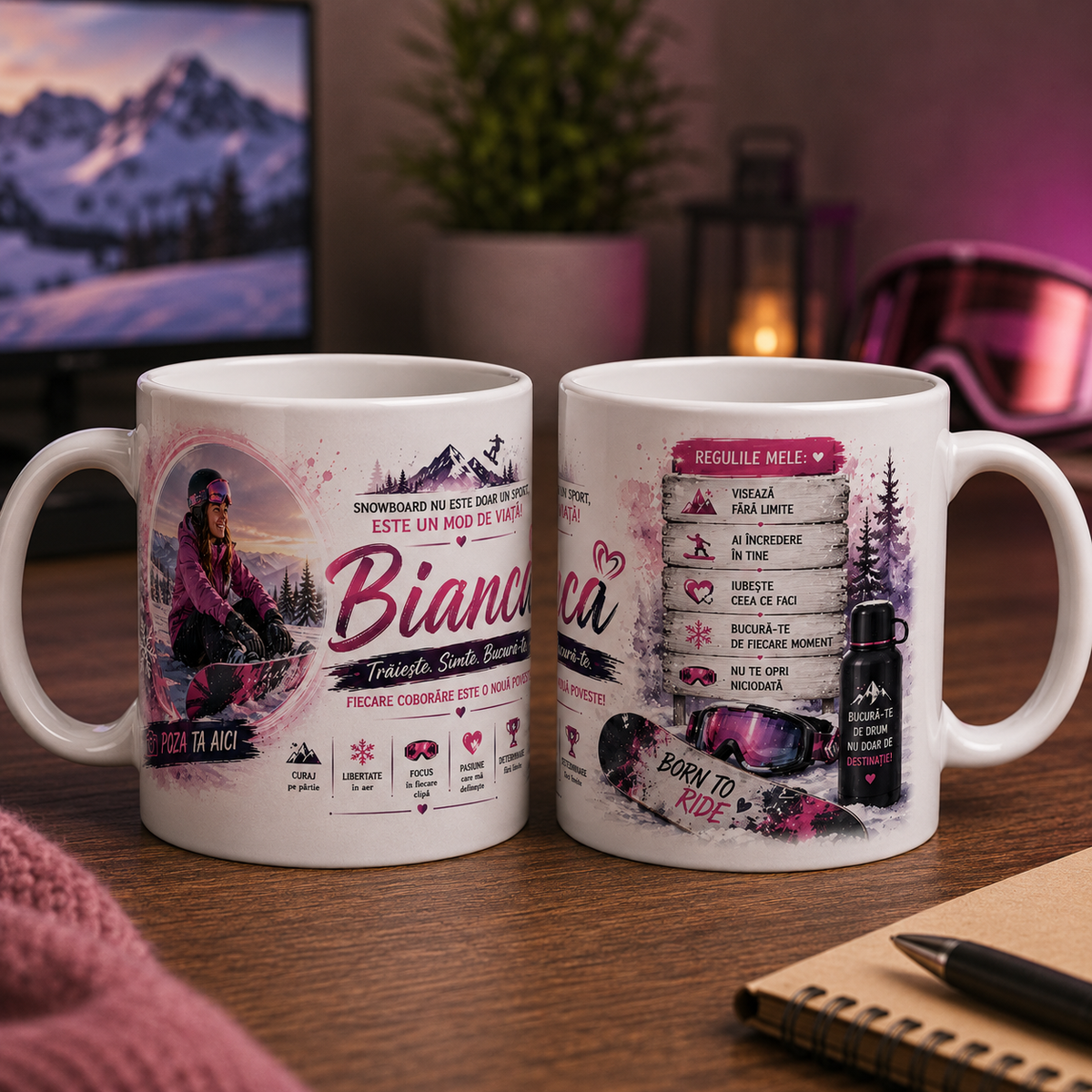 Cană personalizată pentru snowboarderi cu nume și fotografie – 330 ml