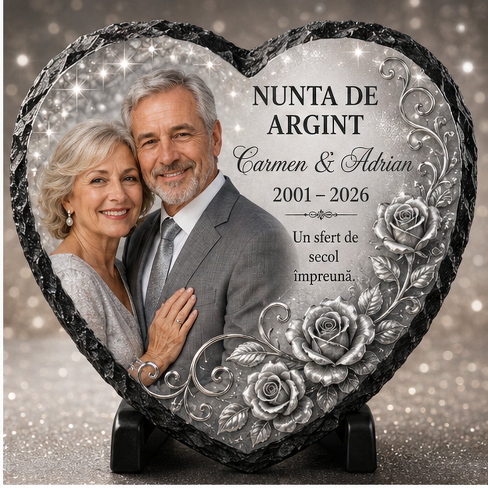 Placă de Ardezie Personalizată Inimă – Nunta de Argint, 25 de Ani de Căsătorie