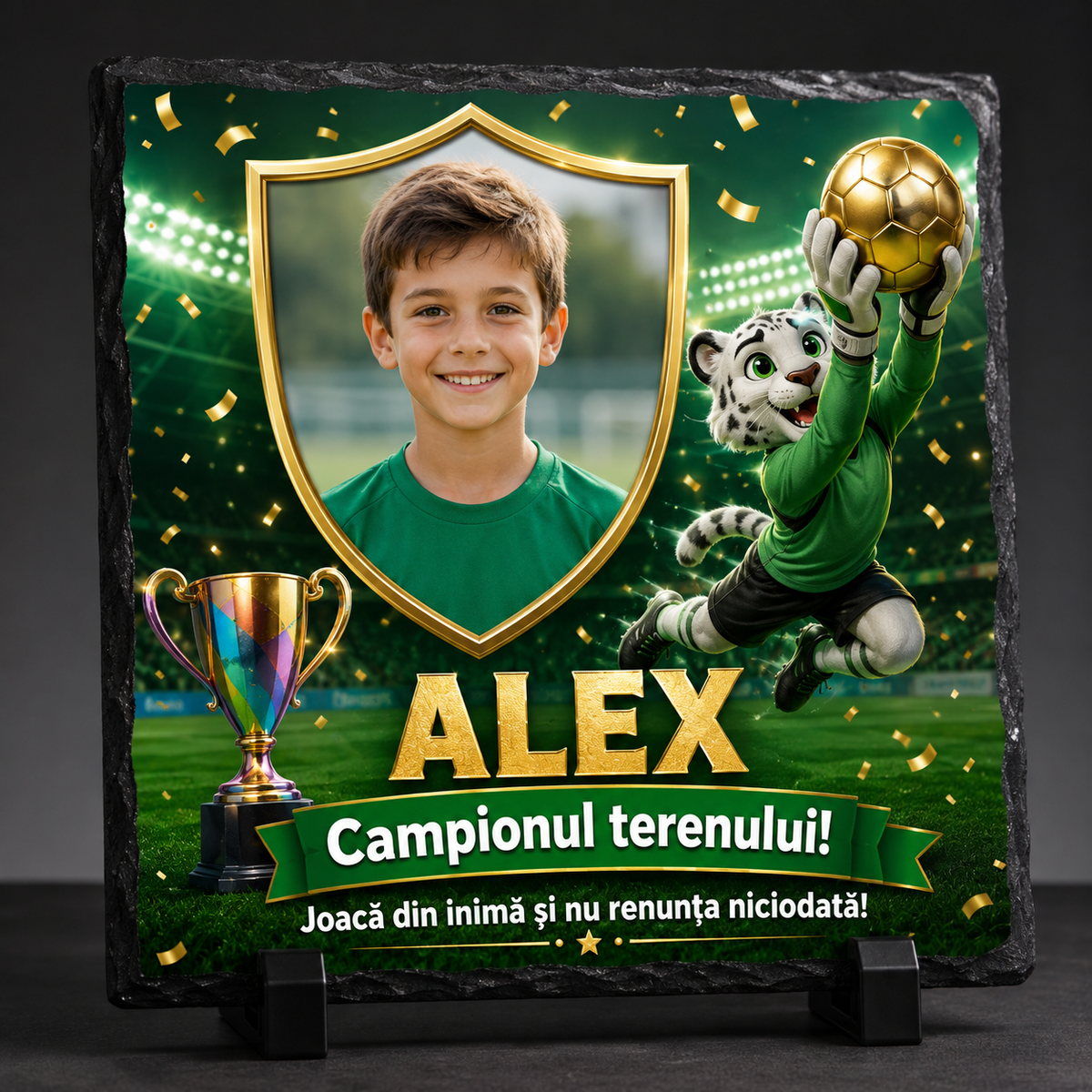 Placă din ardezie personalizată pentru copii 20×20 cm – Fotbal, „Campionul terenului”, cu poză și nume