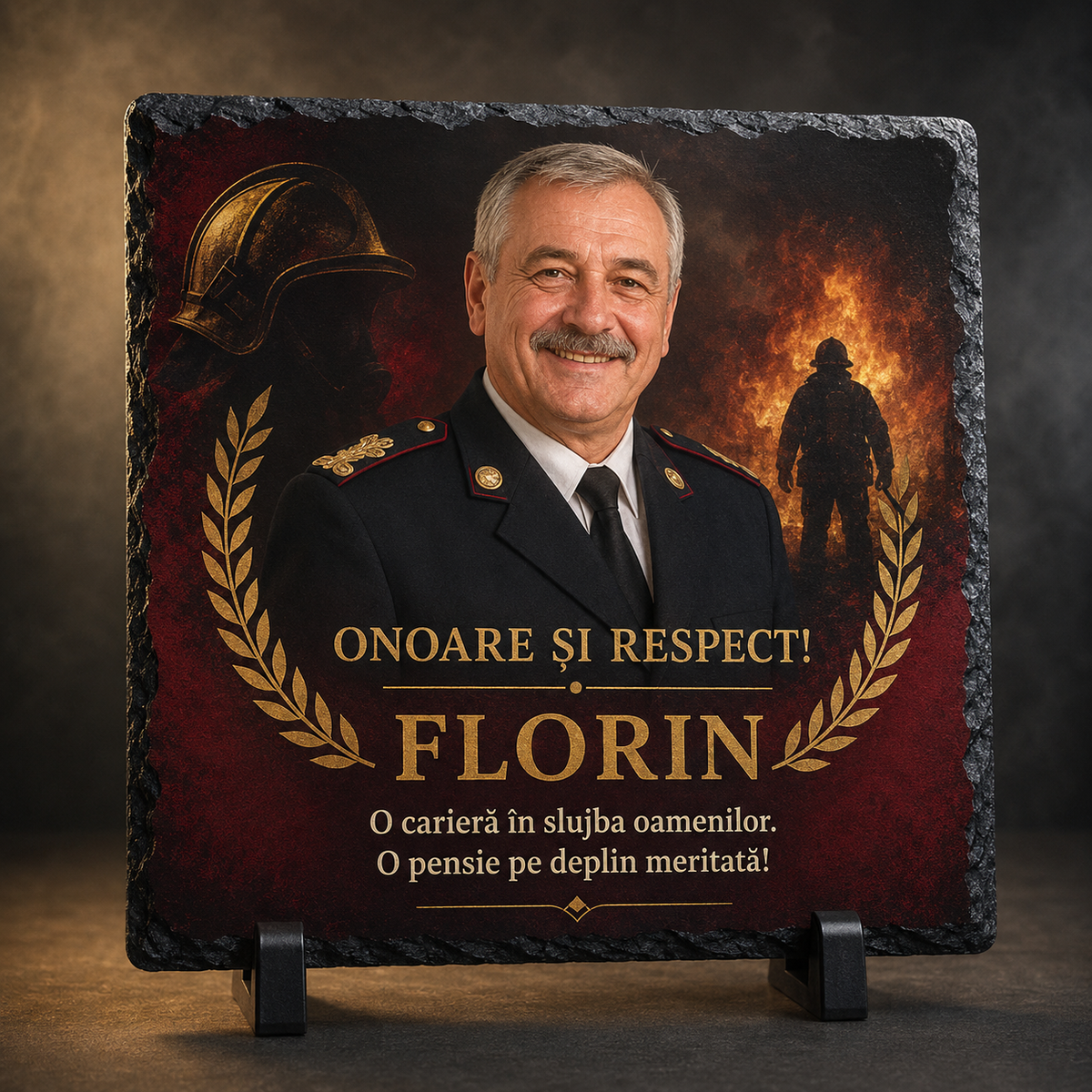 Placă ardezie personalizată 20×20 cm pentru pompier pensionar – Cadou de onoare cu fotografie