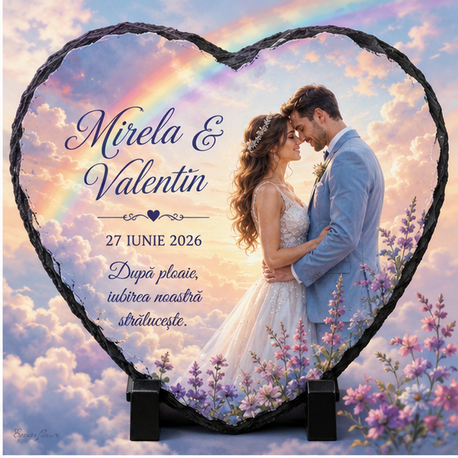 Placă de ardezie personalizată inimă – Nuntă „Curcubeu & Iubire” cu fotografie