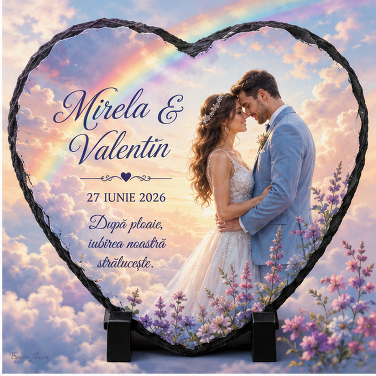 Placă de ardezie personalizată inimă – Nuntă „Curcubeu & Iubire” cu fotografie