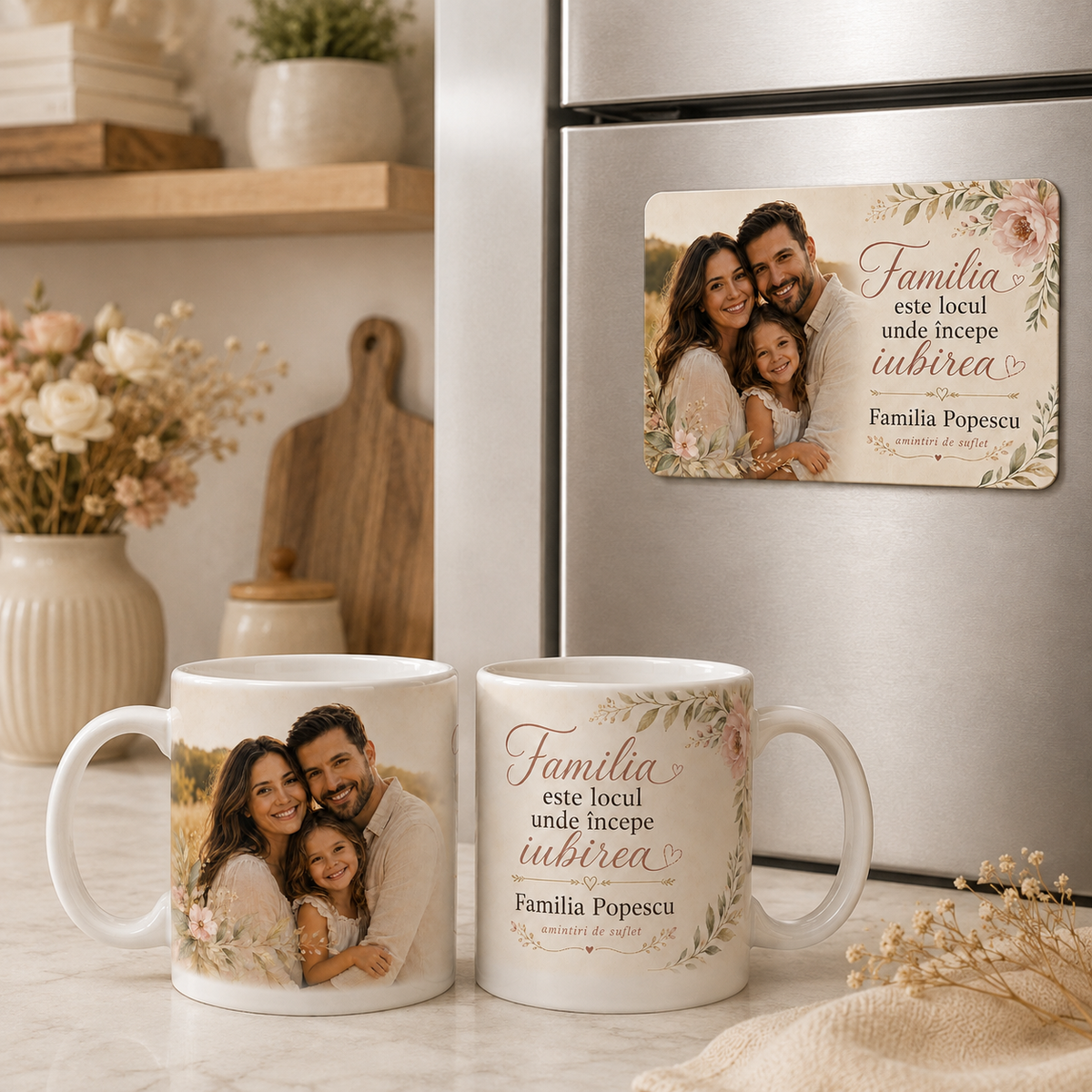 Set Cadou Personalizat – Cană 330 ml + Magnet Foto „Familia este locul unde începe iubirea”