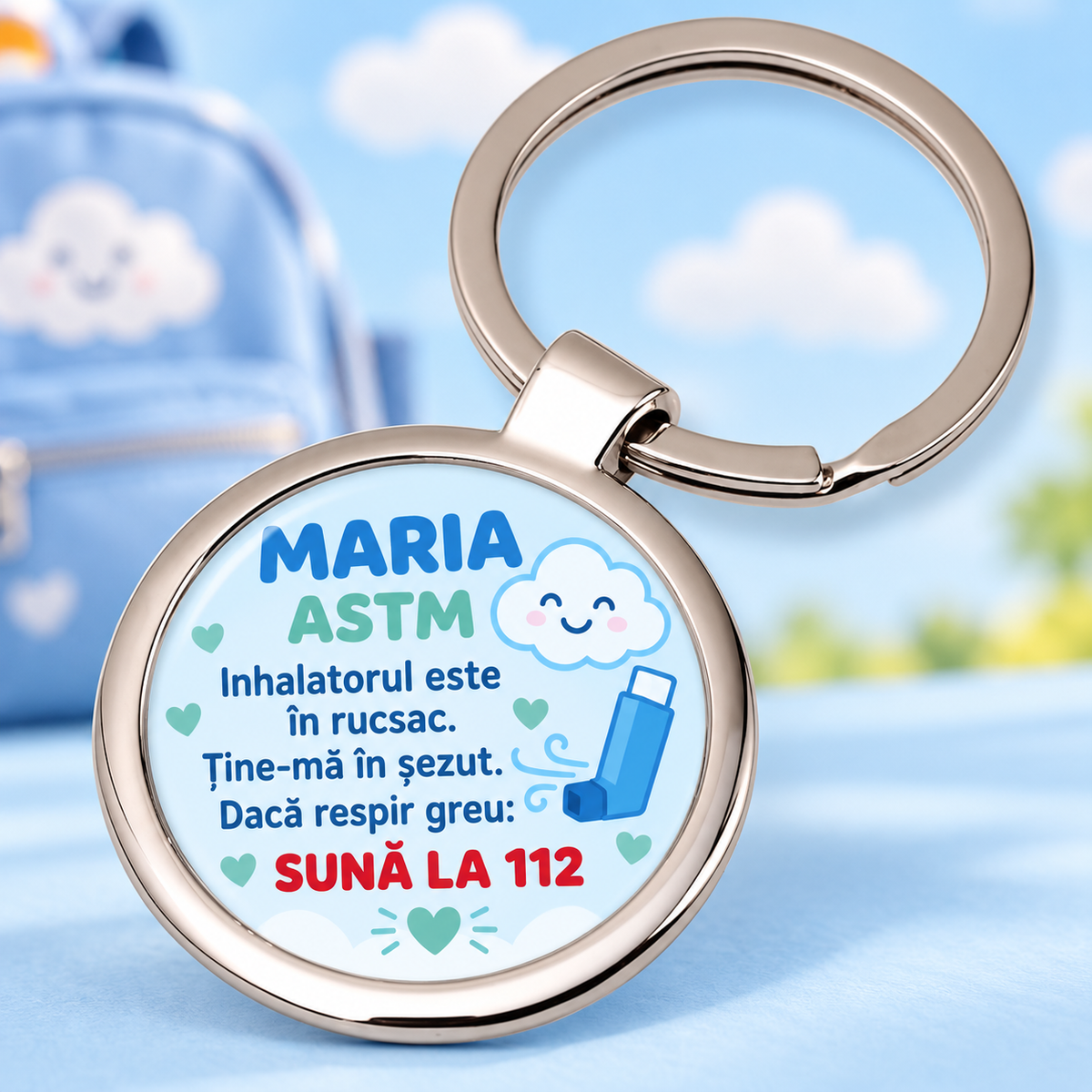 Breloc personalizat pentru copii cu astm – informații de urgență