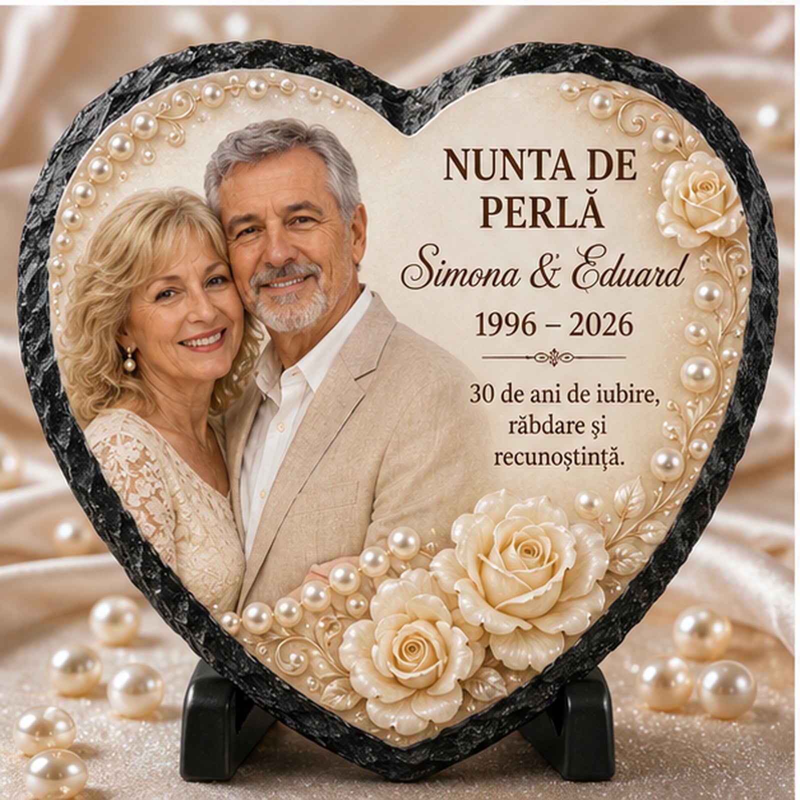 Placă de Ardezie Personalizată Inimă – Nunta de Perlă, 30 de Ani de Căsătorie