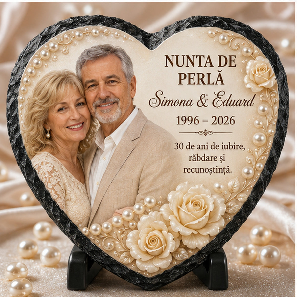 Placă de Ardezie Personalizată Inimă – Nunta de Perlă, 30 de Ani de Căsătorie