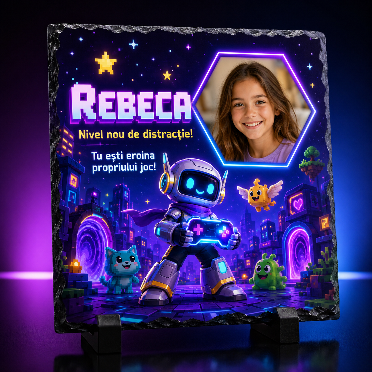Placă din ardezie personalizată Gaming 20×20 cm – cu fotografie și nume „Nivel nou de distracție”