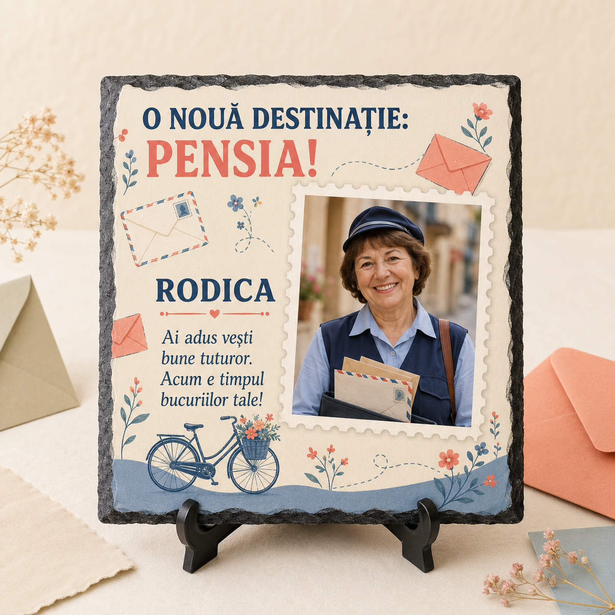 Placă ardezie personalizată 20×20 cm pentru poștașă pensionară – Cadou cu fotografie și mesaj
