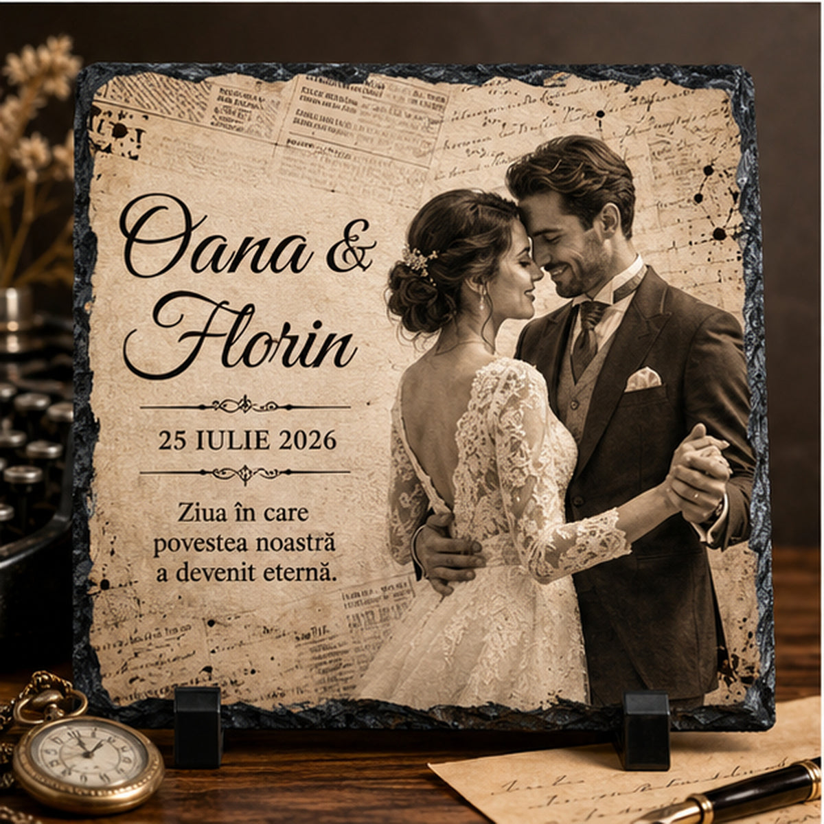 Placă de ardezie personalizată pentru nuntă – 20 × 20 cm, design vintage sepia cu fotografie