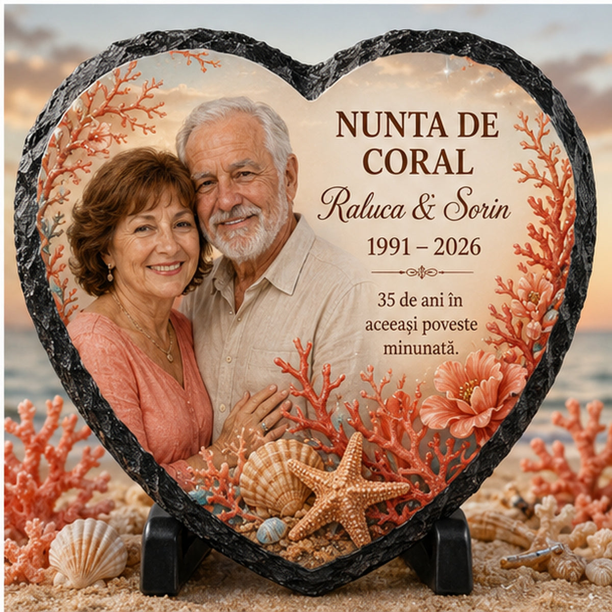 Placă de Ardezie Personalizată Inimă – Nunta de Coral, 35 de Ani de Căsătorie