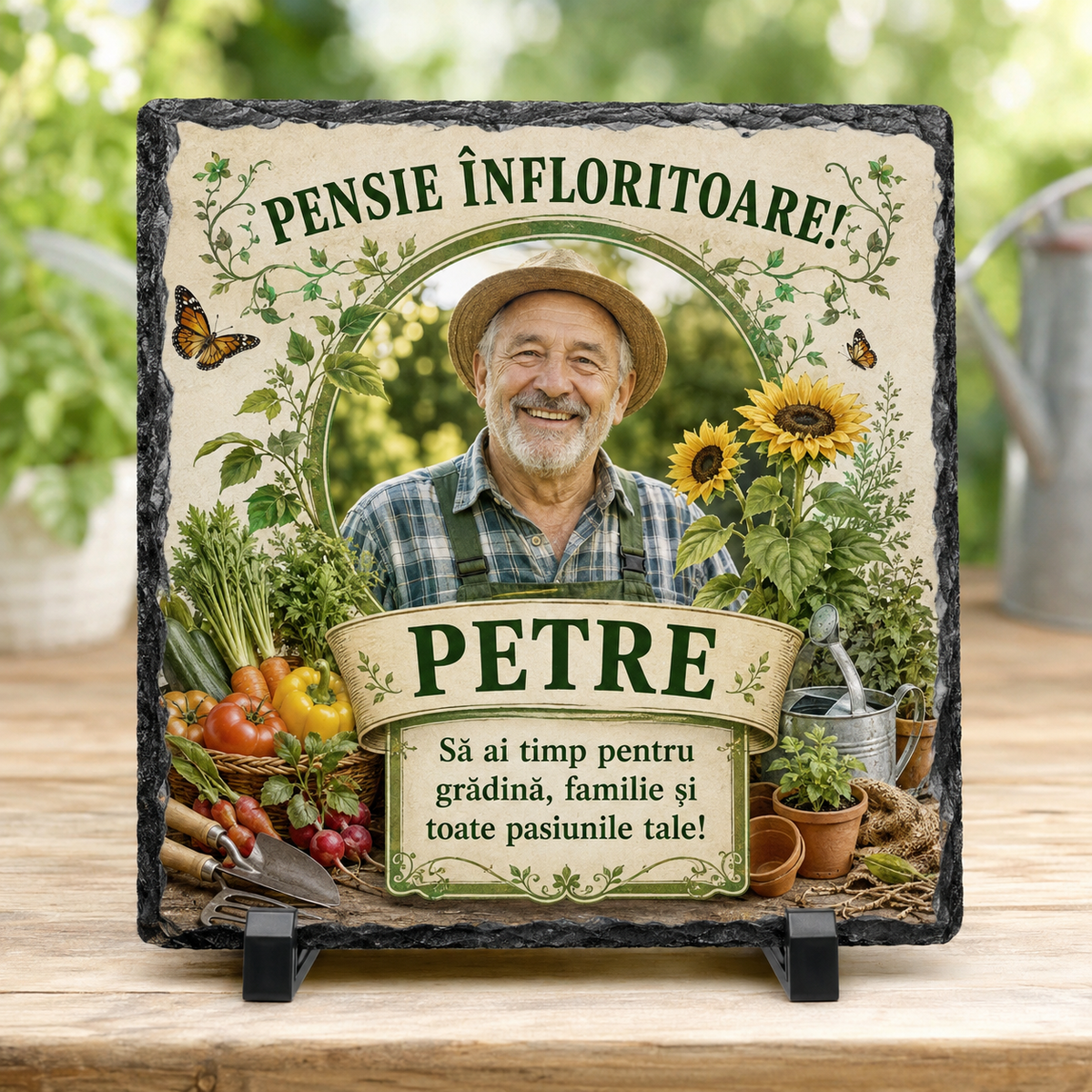 Placă ardezie personalizată 20×20 cm pentru grădinar pensionar – „Pensie înfloritoare” cu fotografie