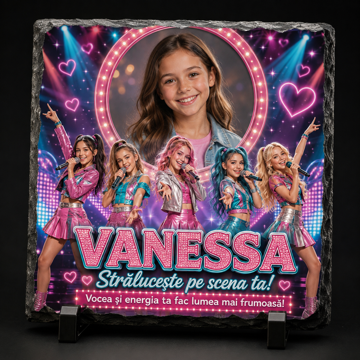 Placă din ardezie personalizată pentru fete 20×20 cm – Pop Star, cu fotografie și nume