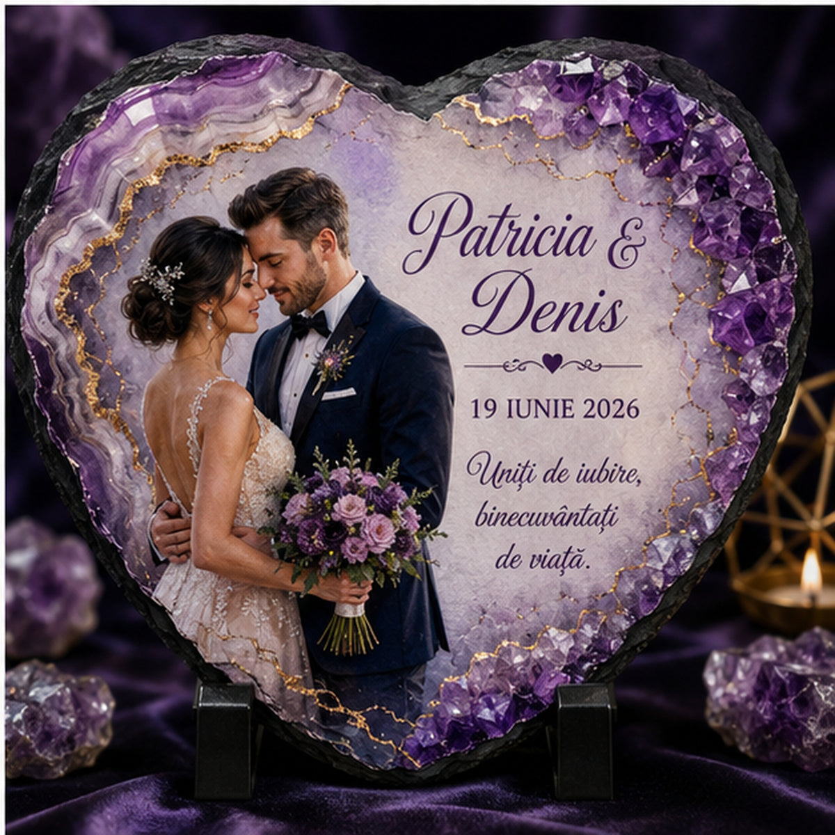 Placă de ardezie inimă personalizată pentru nuntă – Ametist & Eleganță