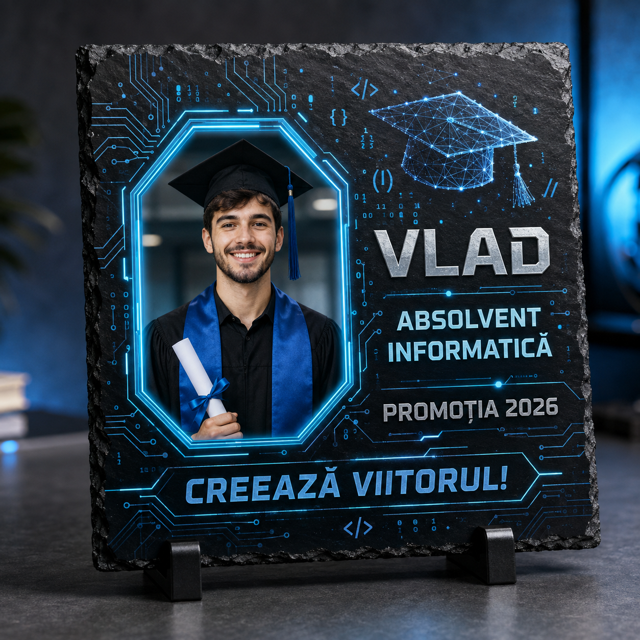 Placă de Ardezie Personalizată Absolvire Informatică 20×20 cm cu Poză și Nume – Promoția 2026