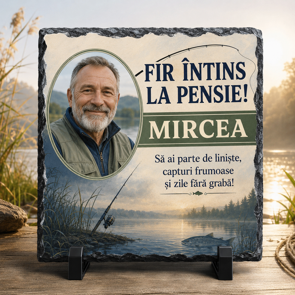 Placă ardezie personalizată 20×20 cm pentru pescar pensionar – Cadou cu fotografie și mesaj