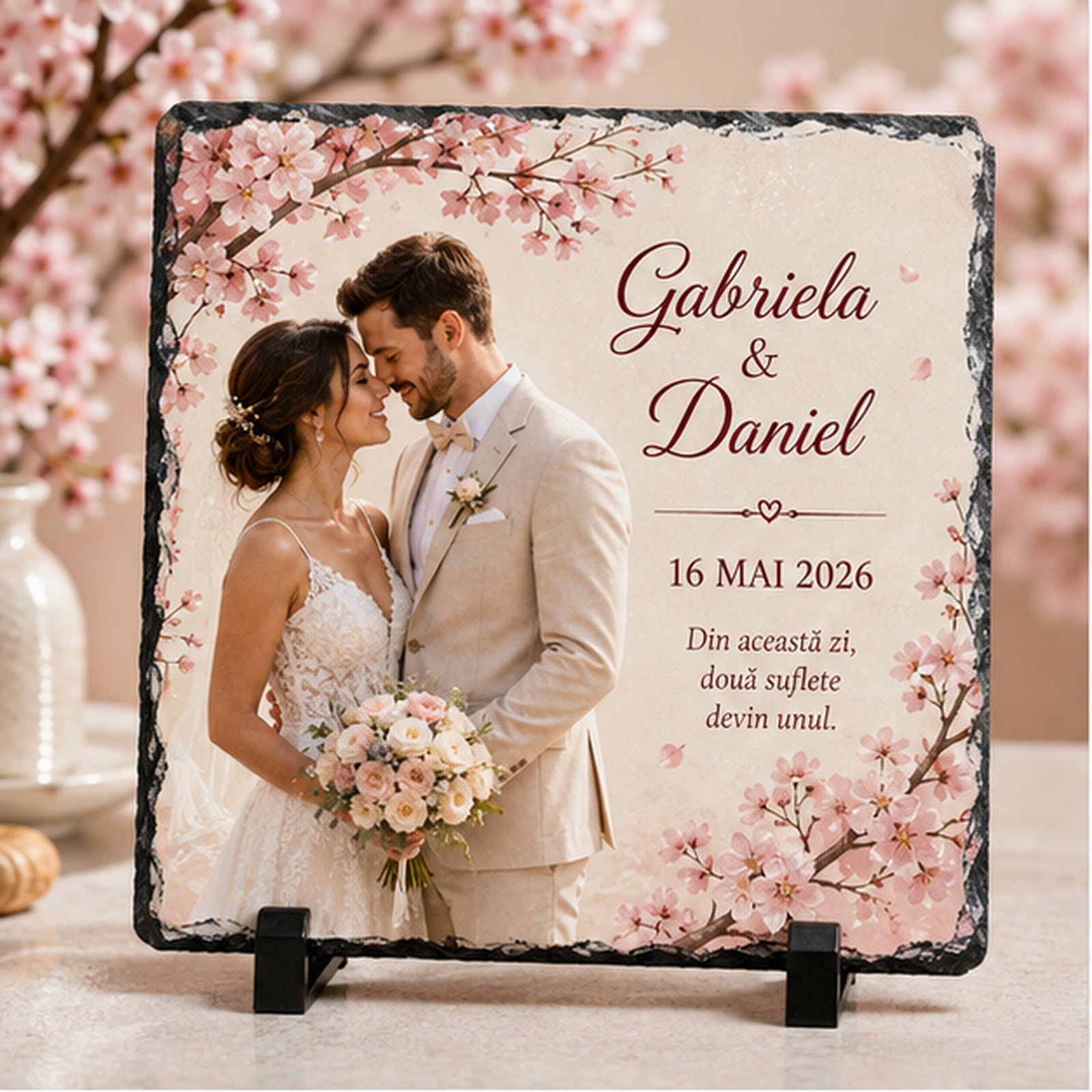 Placă de ardezie personalizată pentru nuntă – 20 × 20 cm cu fotografie, flori de cireș și mesaj romantic