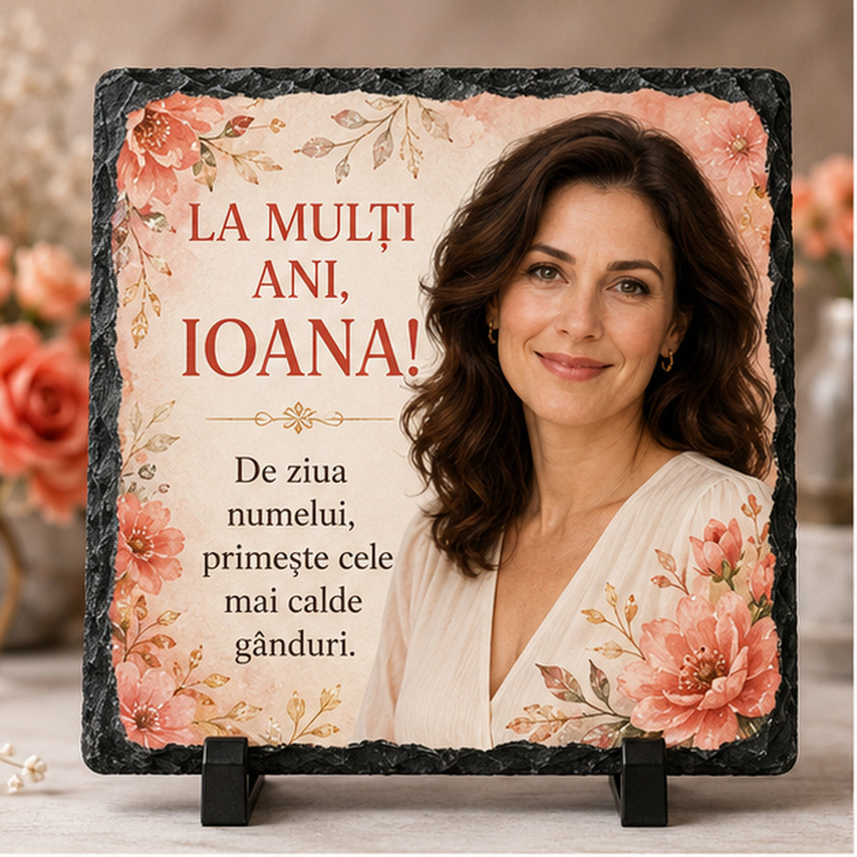 Piatră Ardezie Personalizată Ioana 20x20 cm cu Poză – Cadou de Ziua Numelui
