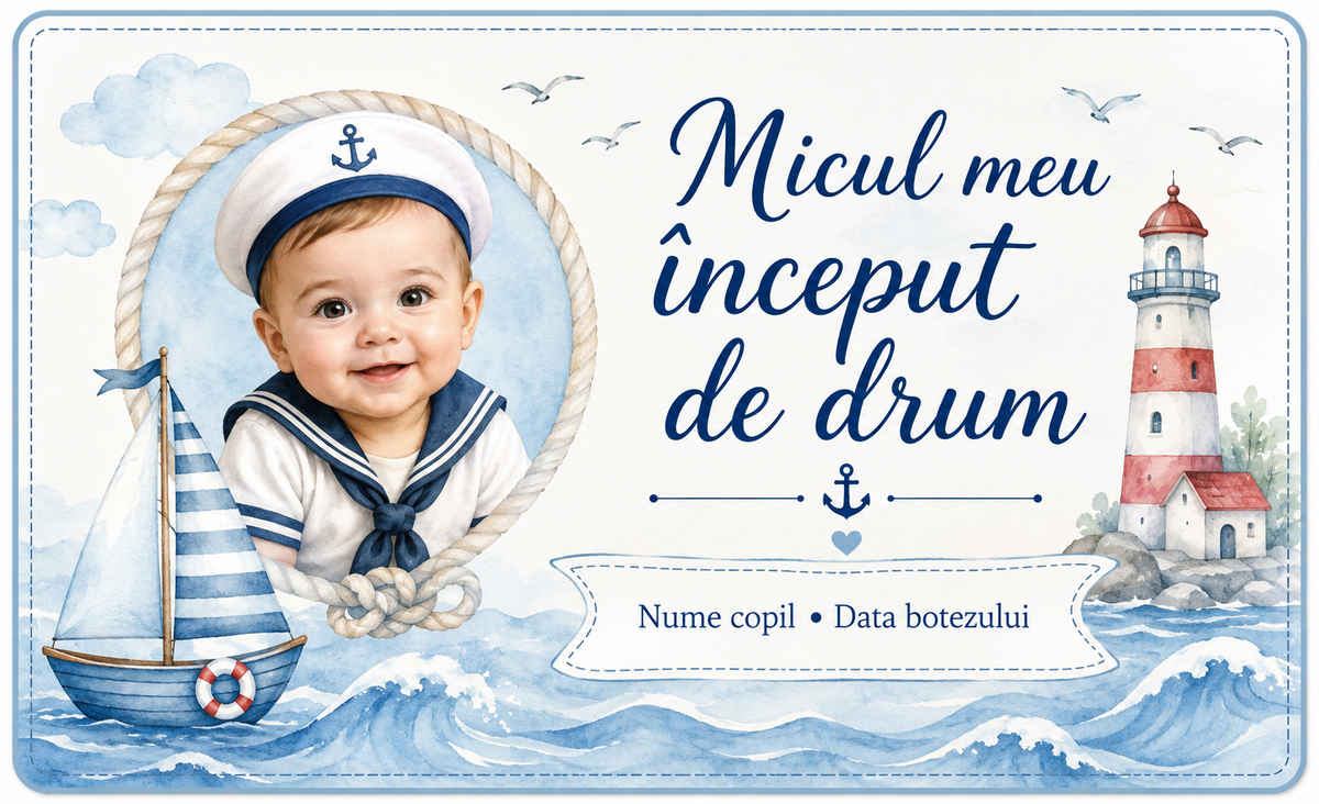 Mărturie de botez băiețel – Magnet de frigider personalizat 9 × 5,5 cm cu tematică marină