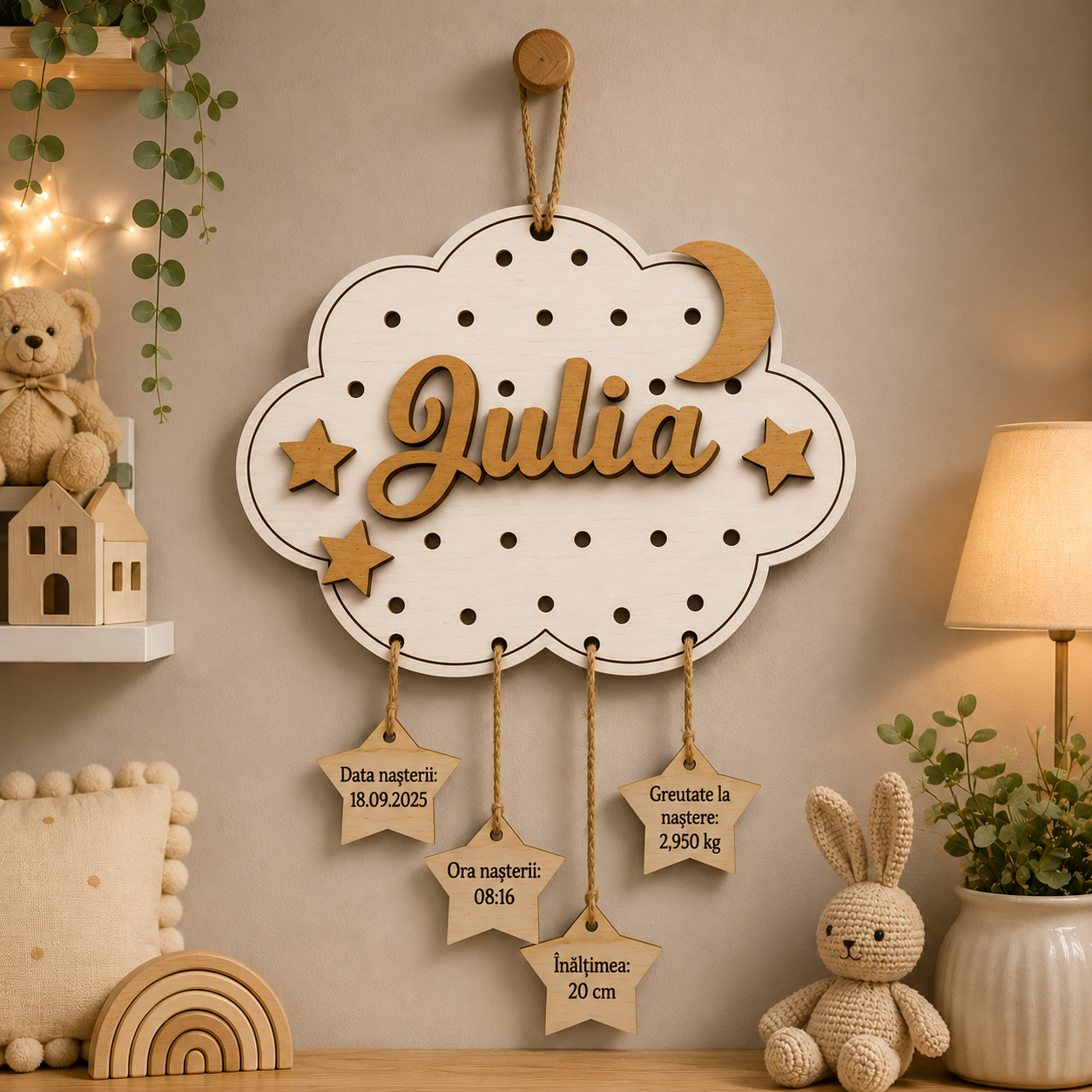 Plachetă personalizată cu nume și datele nașterii – Norișor din lemn, 270 × 230 mm