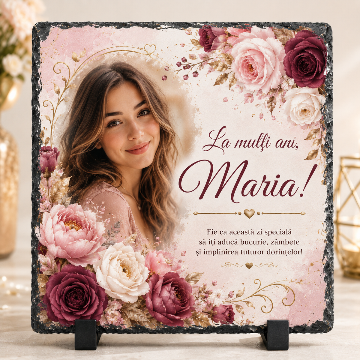 Placă din ardezie personalizată cu fotografie și nume – „La mulți ani!” – cadou elegant pentru femei