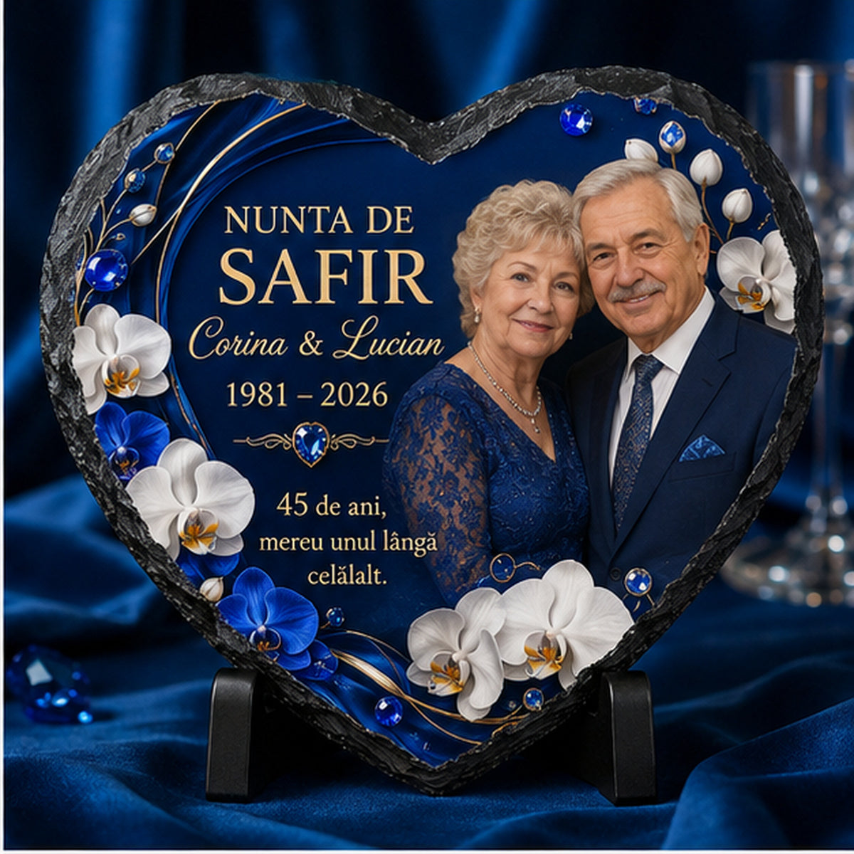 Placă de Ardezie Personalizată Inimă – Nunta de Safir, 45 de Ani de Căsătorie