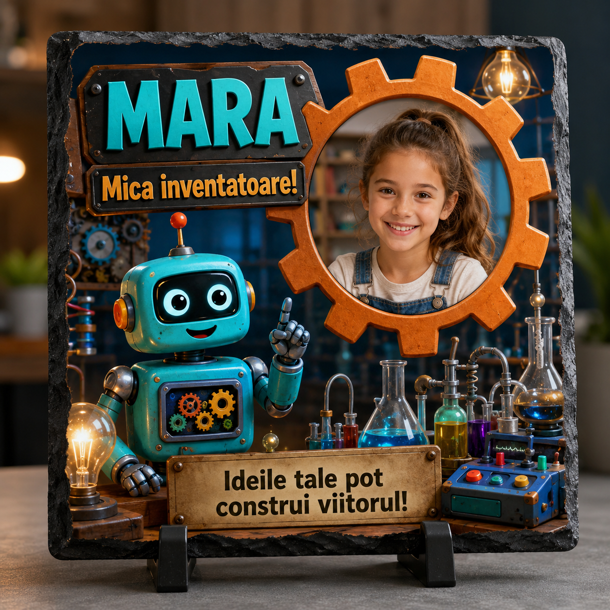 Placă din ardezie personalizată pentru copii 20×20 cm – Mica Inventatoare, cu fotografie și nume