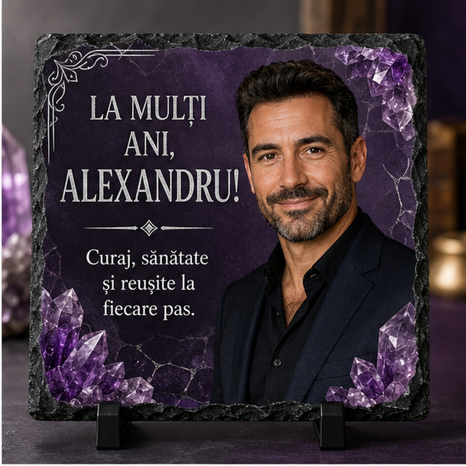 Piatră Ardezie Personalizată Alexandru 20x20 cm cu Poză – Cadou de Ziua Numelui
