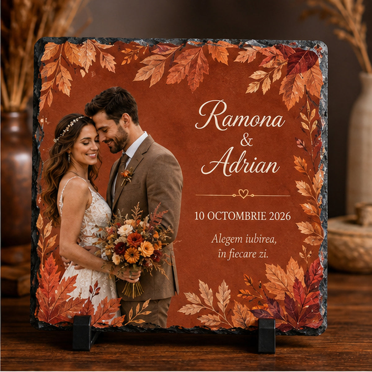 Placă de ardezie personalizată pentru nuntă – 20 × 20 cm, tematică de toamnă cu fotografie și frunze arămii