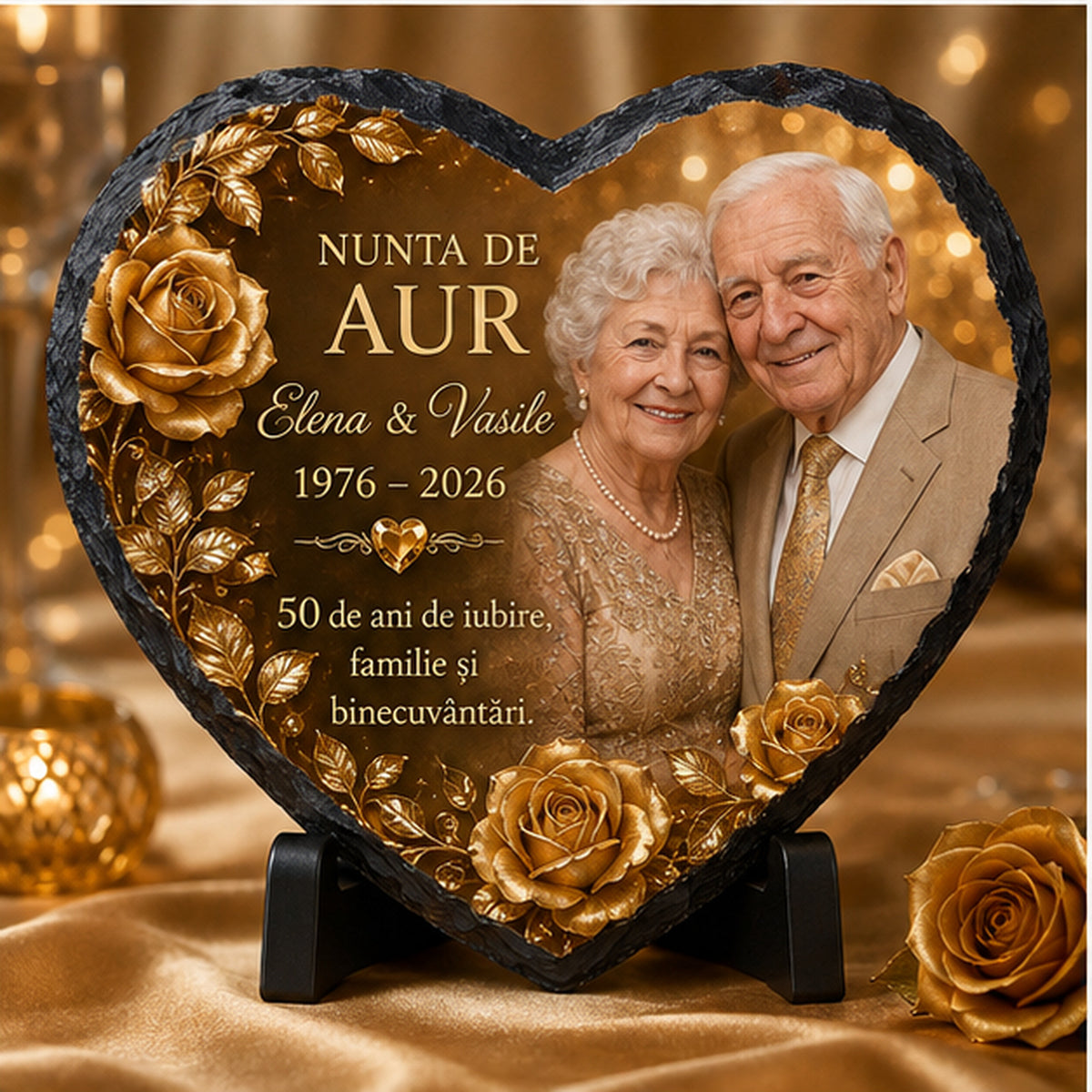 Placă de Ardezie Personalizată Inimă – Nunta de Aur, 50 de Ani de Căsătorie