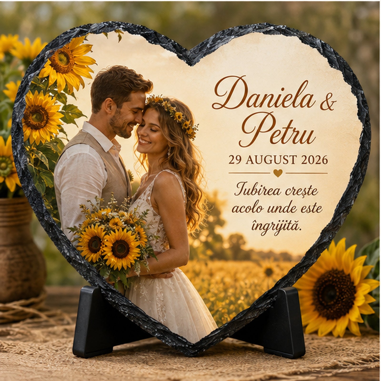 Placă de ardezie inimă personalizată pentru nuntă – Floarea-soarelui