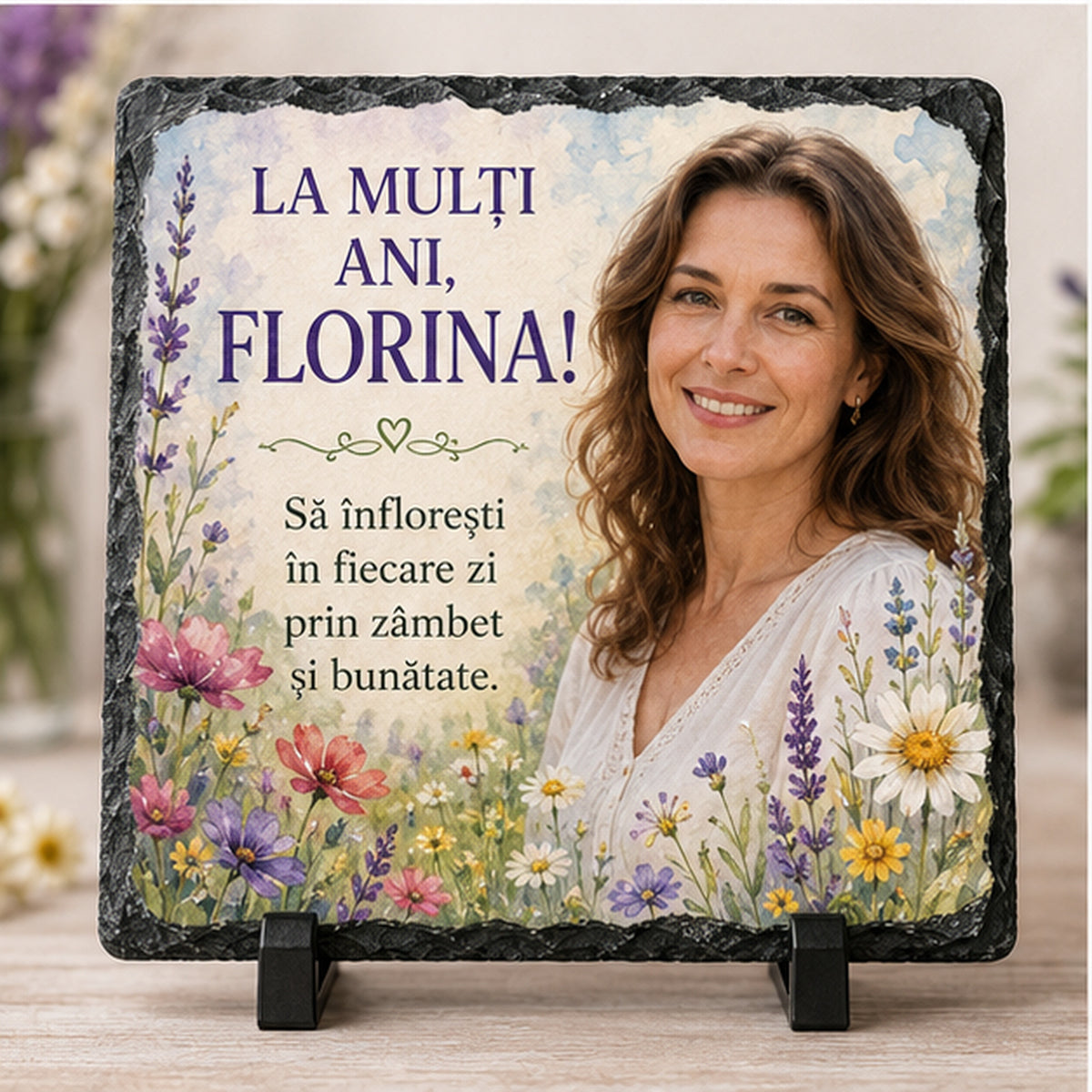 Piatră Ardezie Personalizată Florina 20x20 cm cu Poză – Cadou Onomastică Floral