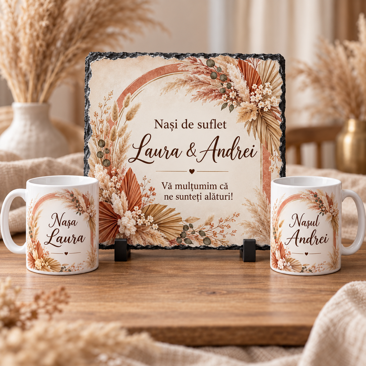 Set Cadou Personalizat pentru Nași Boho – Ardezie 20x20 cm + 2 Căni 330 ml cu Nume