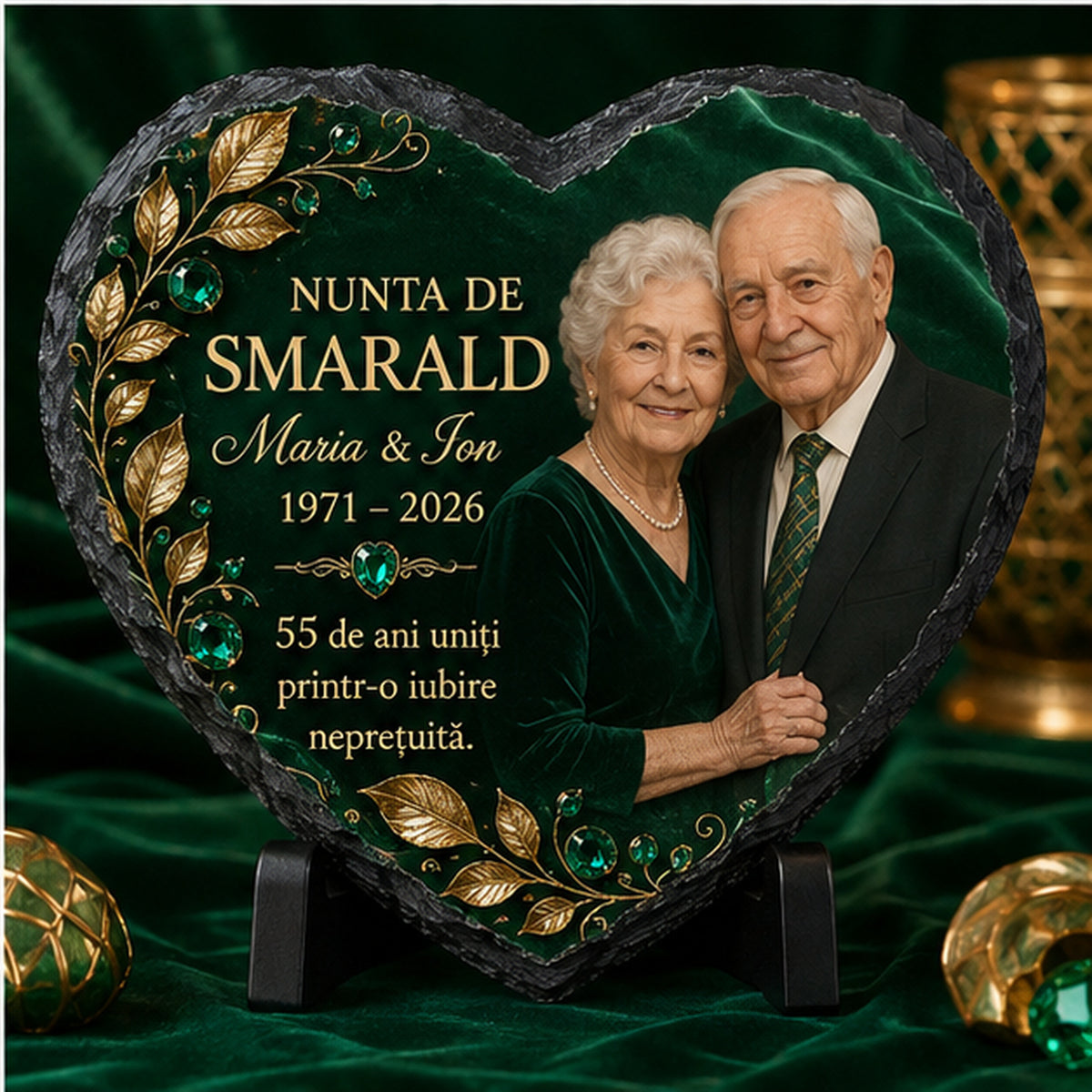 Placă de Ardezie Personalizată Inimă – Nunta de Smarald, 55 de Ani de Căsătorie